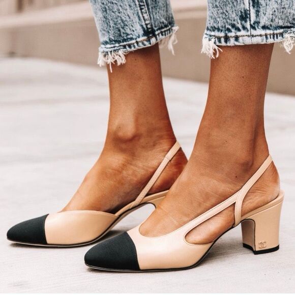CHANEL Beige & Black Cap Toe Slingback Heels 39 US 8.5 CC Logo Almond Toe - Picture 13 of 14